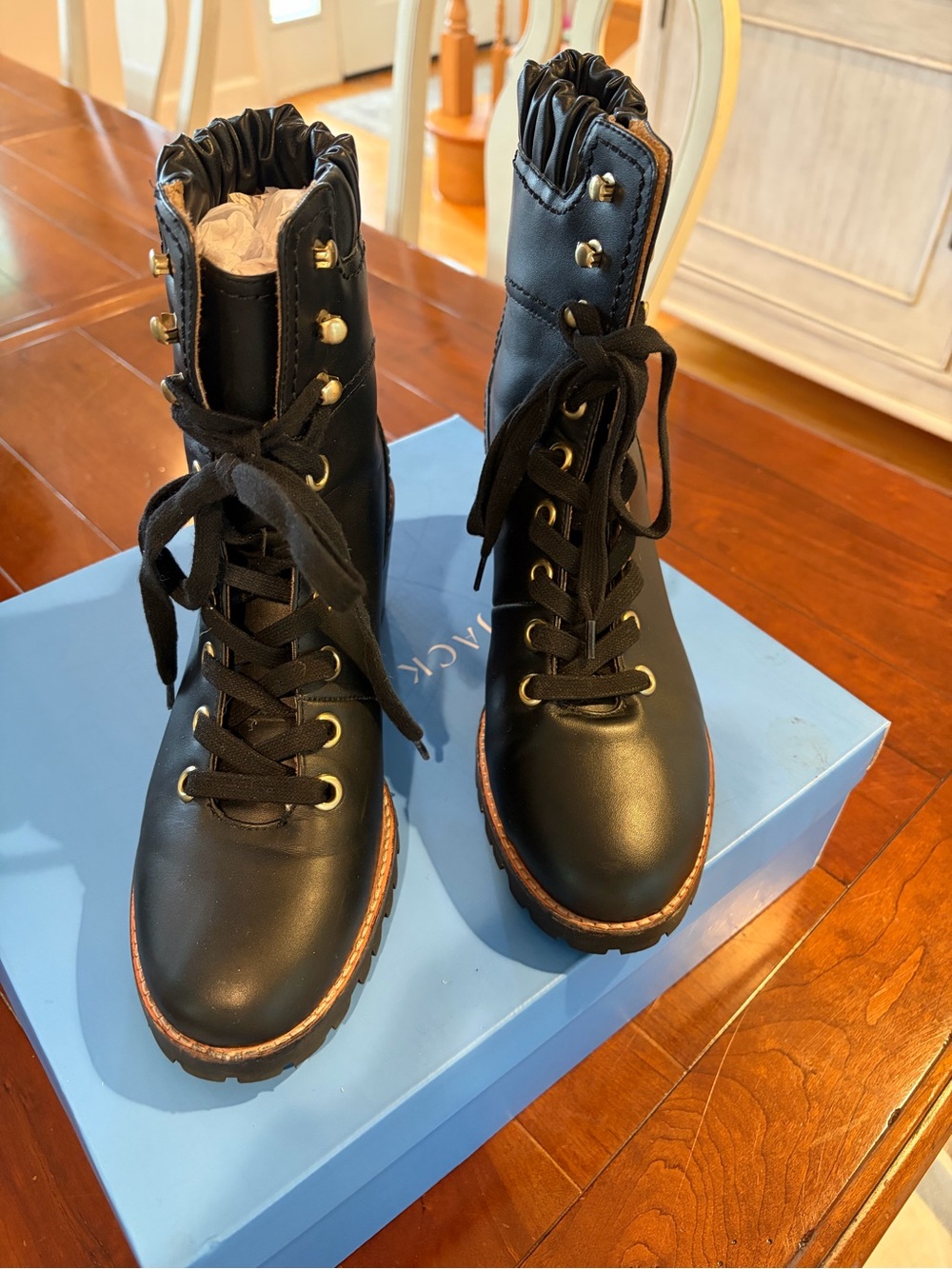 Jack Rogers Black Lace-Up Combat Booties with Brown Trim